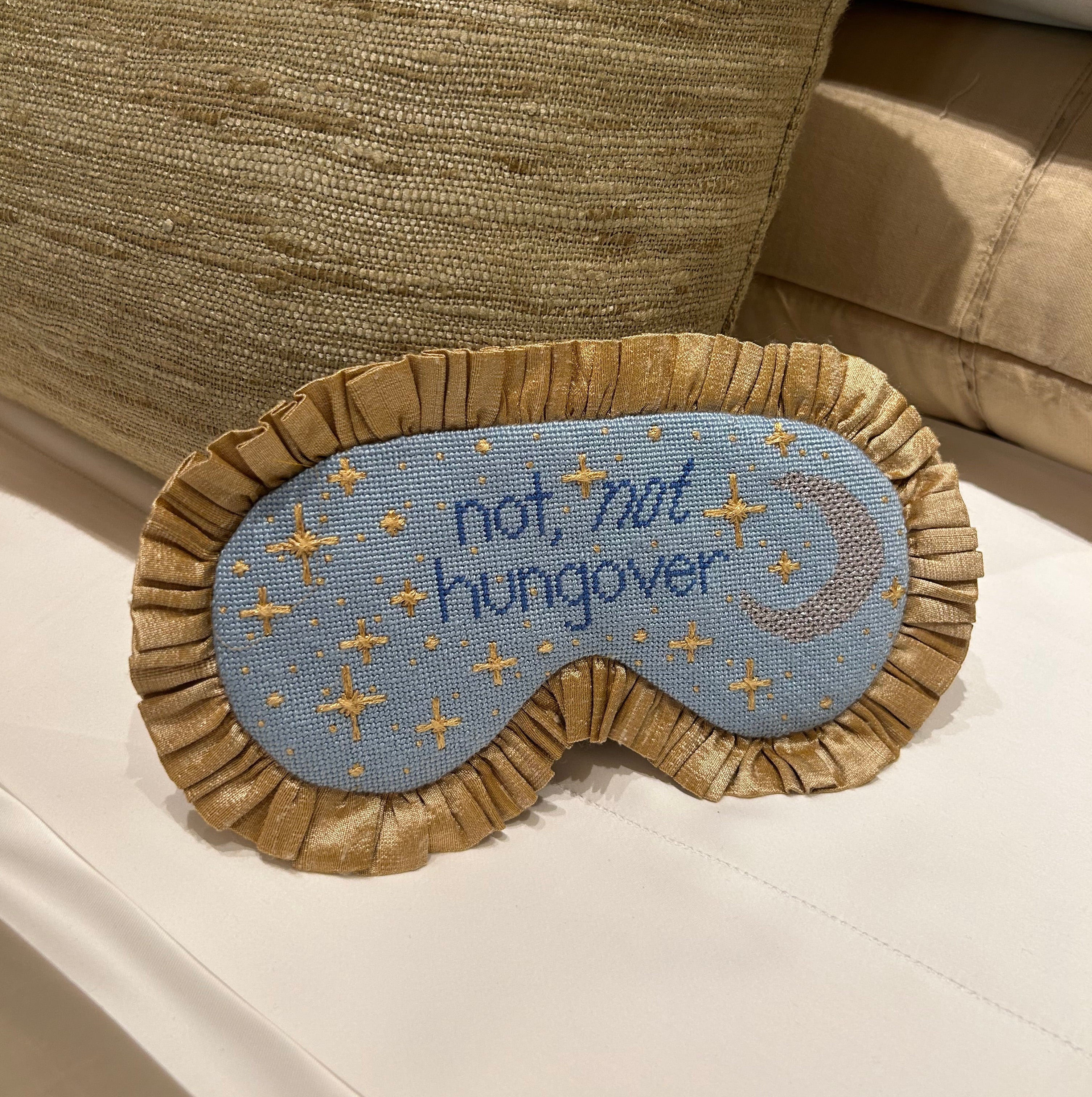 Sleep mask with 'not not hungover' text. Needlepoint Canvas