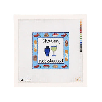 18 mesh needlepoint canvas. 4 inch design with 'Shaken, not stirred' text and cocktail-themed elements on a white background.