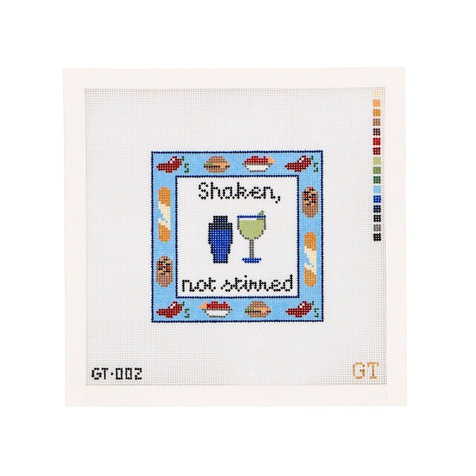 18 mesh needlepoint canvas. 4 inch design with 'Shaken, not stirred' text and cocktail-themed elements on a white background.