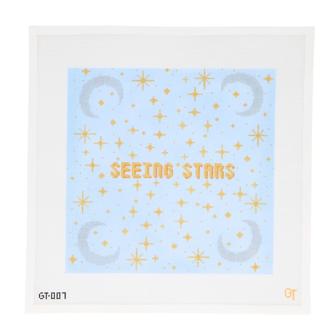Seeing Stars and moon large 12 x 12 inch needlepoint pillow. 13 Mesh canvas for pillow or decor.