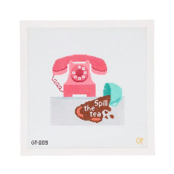 Spill the Tea 18 mesh needlepoint canvas featuring a pink telephone and a spilled tea cup