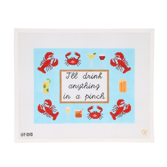 I'll drink anything in a pinch needlepoint canvas featuring lobsters, crabs, drinks