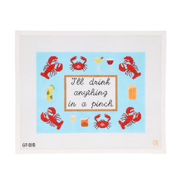 I'll drink anything in a pinch needlepoint canvas featuring lobsters, crabs, drinks