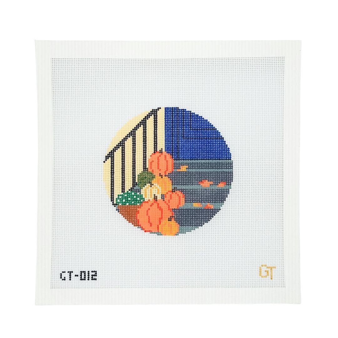 Pumpkin Porch 4 inch round 18 mesh needlepoint canvas