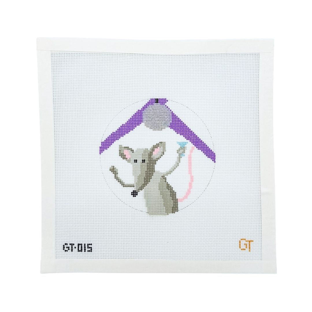 Needlepoint canvas design of a rat holding a martini with purple lights and a disco ball above it on a white background. Club Rat.