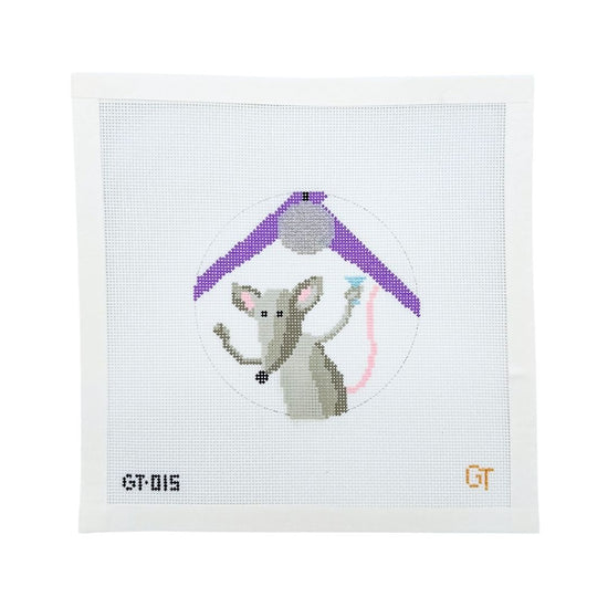 Needlepoint canvas design of a rat holding a martini with purple lights and a disco ball above it on a white background. Club Rat.