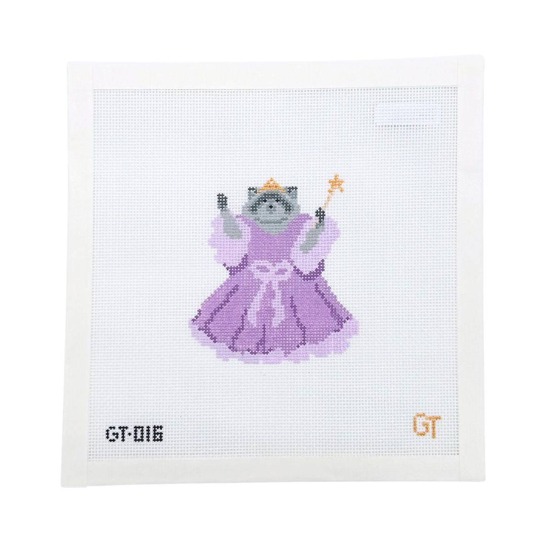 Needlepoint canvas of a raccoon in a purple dress with a crown a holding a wand