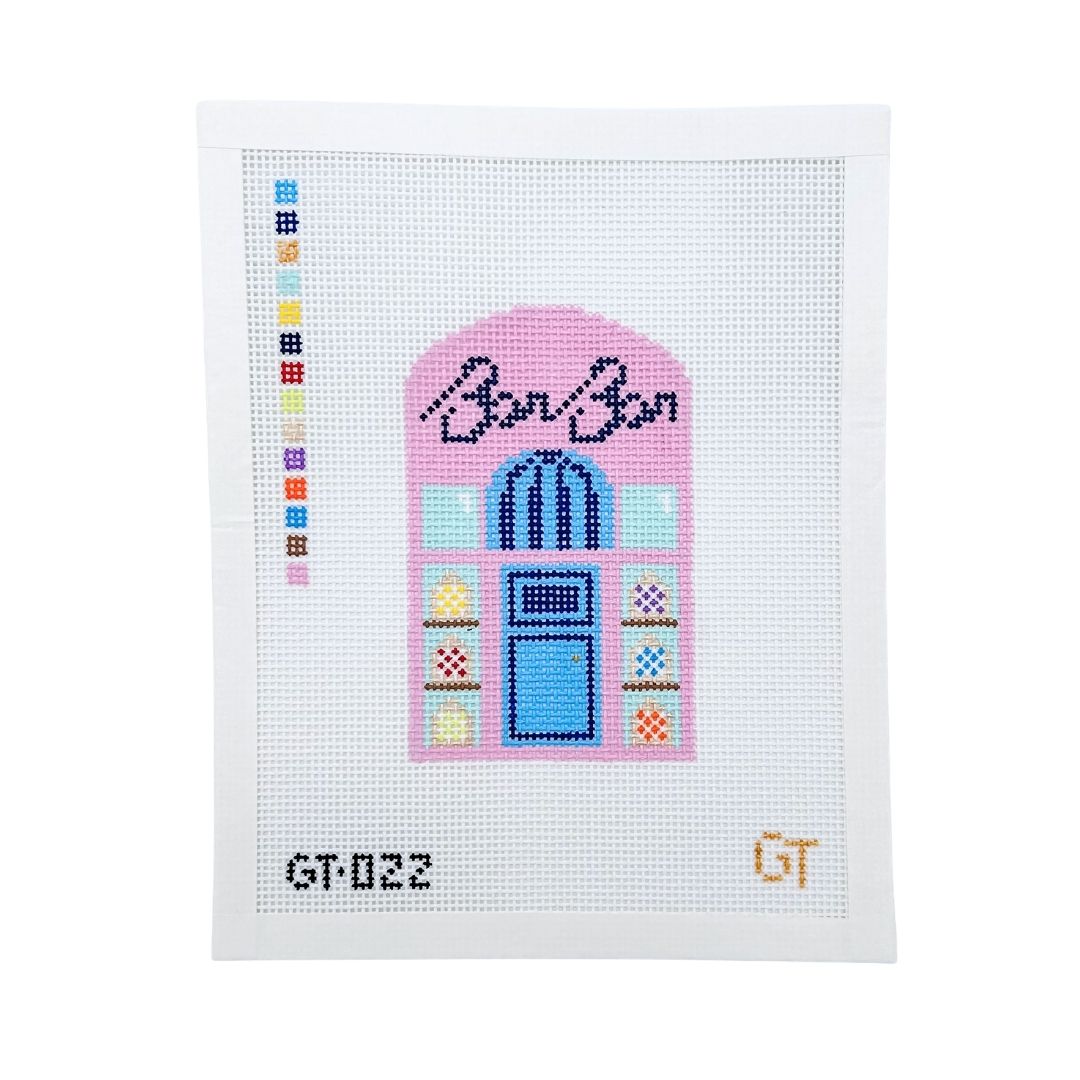 Needlepoint canvas design of Swedish candy store front. NYC Candy store.
