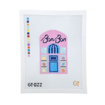 Needlepoint canvas design of Swedish candy store front. NYC Candy store.