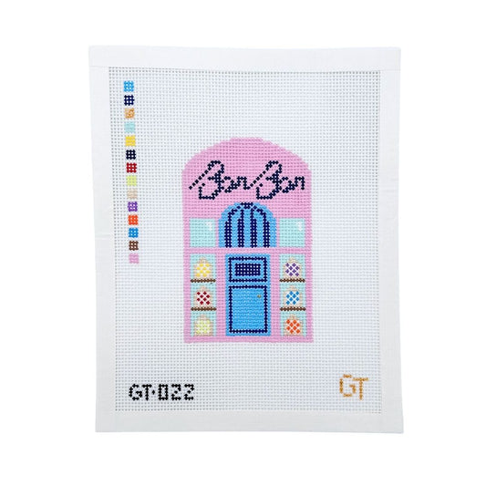 Needlepoint canvas design of Swedish candy store front. NYC Candy store.